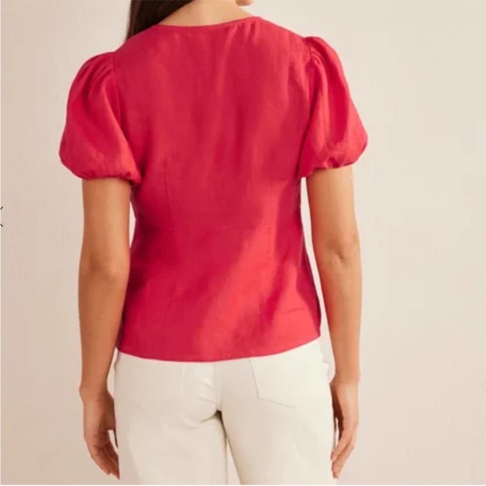 Boden Linen Coral-Red Puff-Sleeve V-Neck Button-Front Top - Picture 3 of 10